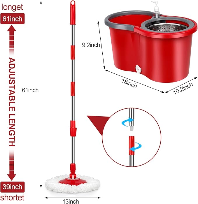 Spin Mop and Bucket with Wringer Set，Mop and Bucket Set for Floor Cleaning with 3 Mop Refills 61 inches Telescoping Rod for Office and Home use