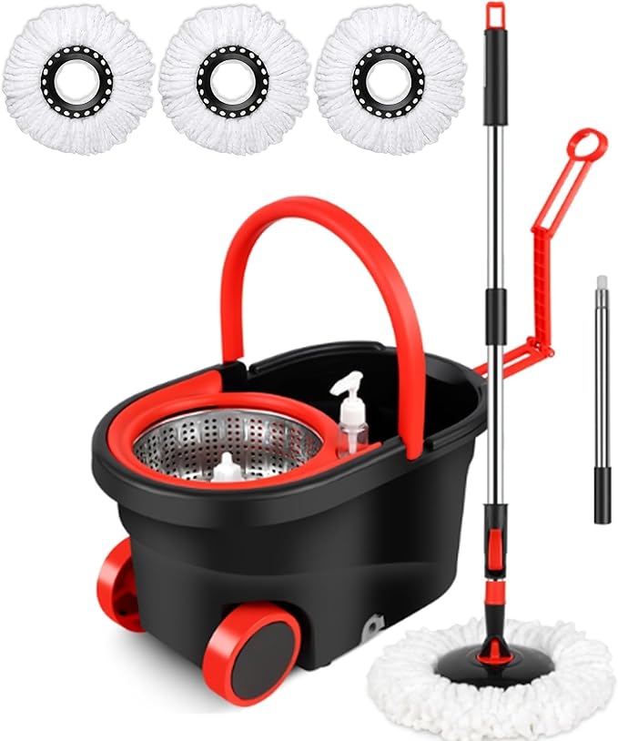 360° Spin Mop and Bucket System with Wringer - Includes 3 Microfiber Mop Refills & 50" Extended Handle for Floor Cleaning, Easy Squeeze, Efficient Home Cleaning Tool (Black) (Black Red)