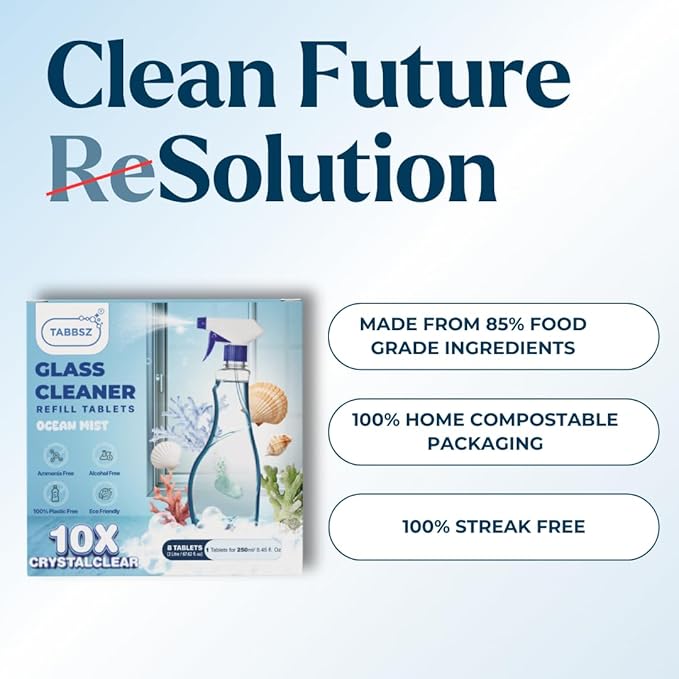 Glass Cleaner Refill Tablets | Plant-Based Streak-Free Window & Mirror Cleaner | Non-Toxic & Eco-Friendly Cleaning Solution | Plastic-Free Packaging | Ocean Mist - Pack of 2