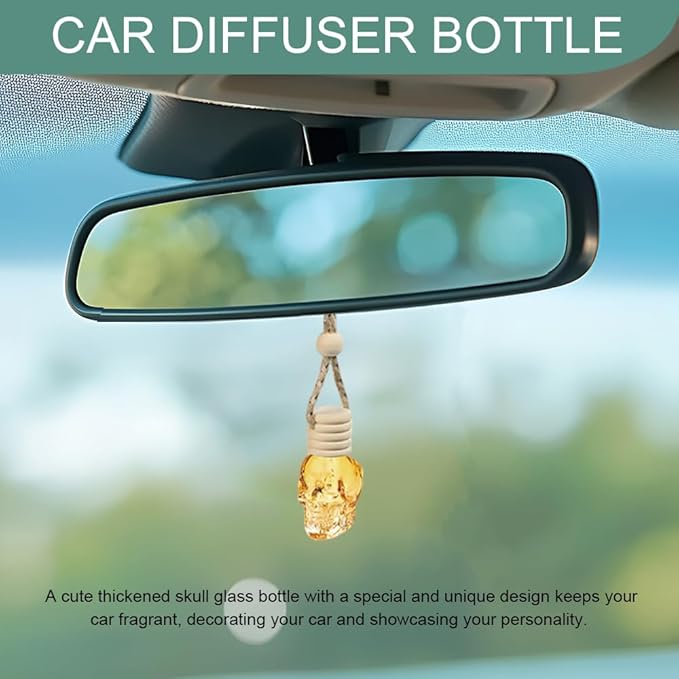 7PCS Car Hanging Diffuser, Car Air Freshener Diffuser Bottle, 8ML Empty Clear Glass Skull Style Empty Bottle, Universal Car Perfume Aromatherapy Essential Oil Pendant Bottle for Women Men