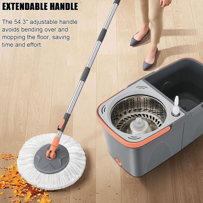 Spin Mop and Detachable Wringer Bucket Set, Separates Clean & Dirty Water, 180° Spinning Microfiber Mop Heads, Household Floor Cleaning System for Hardwood, Wood, Laminate, Tile