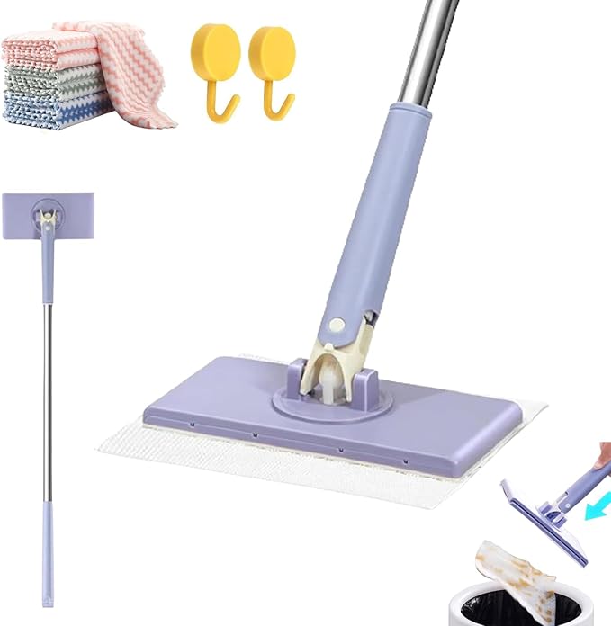 Clip to Grip Mop, Snap Grip Mini Mop, No Wash Lazy Mopes Wet and Dry with 10 Reusable Cloths, Zero Touch Mini Mops, Automatic Cloth Clip and No Wash Mops