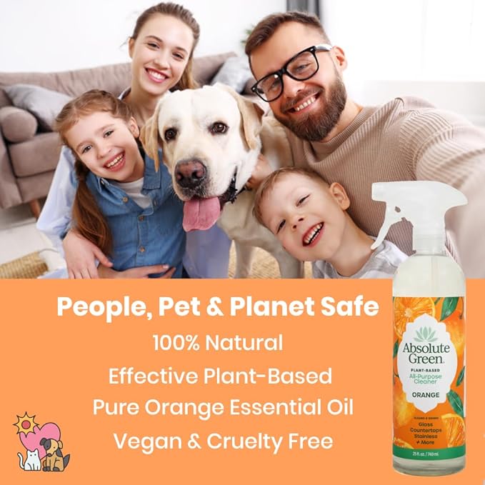 Absolute Green All Purpose Cleaner Spray, Non-Toxic, Kitchen, Bath, Countertop, Stainless, Safe around Kids + Pets, Natural Orange Scent, 25 oz (6 Pack)