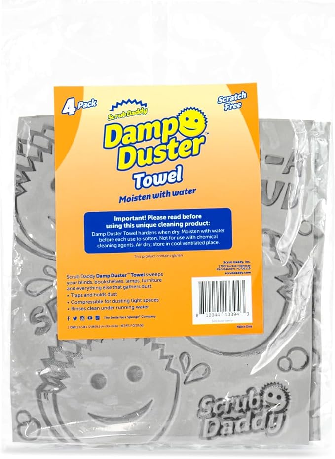 Scrub Daddy Damp Duster Towel - Durable Sponge-Like Dust Cleaner for Multisurface Dusting, Picking Up Pet Hair, Dirt & Grime of All Kinds - Reusable, Soft, Flexible, Absorbent Cleaning Supplies (4ct)
