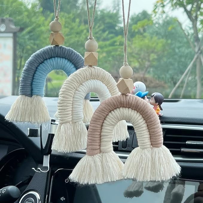 Macrame Rainbow Charm Boho Felt Ball Wood Bead Essential Oils Diffuser Interior Decor Handmade Car Accessories Colorful Hanging Air Freshener Decor(Brown)