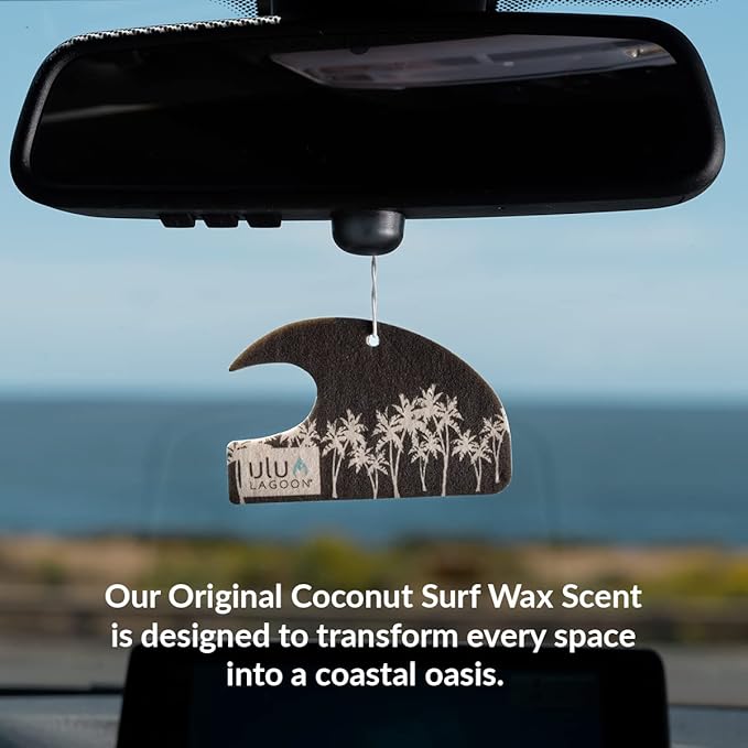 ulu Lagoon Hanging Car Air Freshener | Tropical Beach Coconut Surf Wax Scent Mini Wave | Long Lasting Car Freshener, Closet and Beyond | Made In USA | 3 Pack (White Palms)