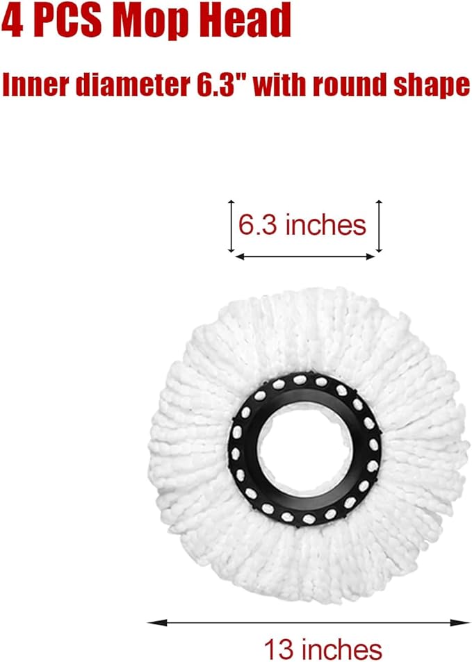 Spin Mop Replacement Head for 360 Spin Mop Bucket with Wringer Set Systems, Microfiber Spin Mop Refills，Easy Cleaning Round Shape Standard Size (4)