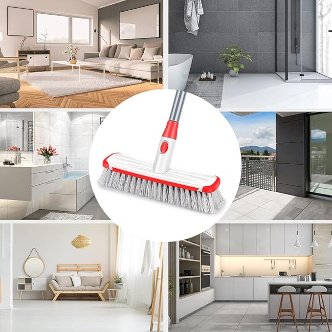 Floor Scrub Brush with Long Handle, Scrubbing Brush Squeegee Broom for Cleaning, 2 in1 Stiff Bristle Shower Scrubber Floor Squeegee for Pool Wall Tile(White)