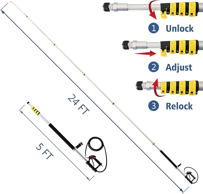 JANZ 24 FT Pressure Washer Telescoping Wand with Power Washer Extension Wands, Brush Head, Gutter Cleaner, 7 Spray Nozzle Tips, 2 Hose Adapters and Support Belt TW-004