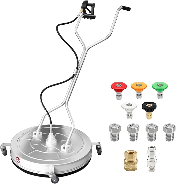 RAYNEL 30'' Pressure Washer Surface Cleaner with 4 Wheels, Dual Handle, Stainless Steel Housing, 2 Hose Adapters, 4 Replacement Nozzles and 5 Spray Nozzles
