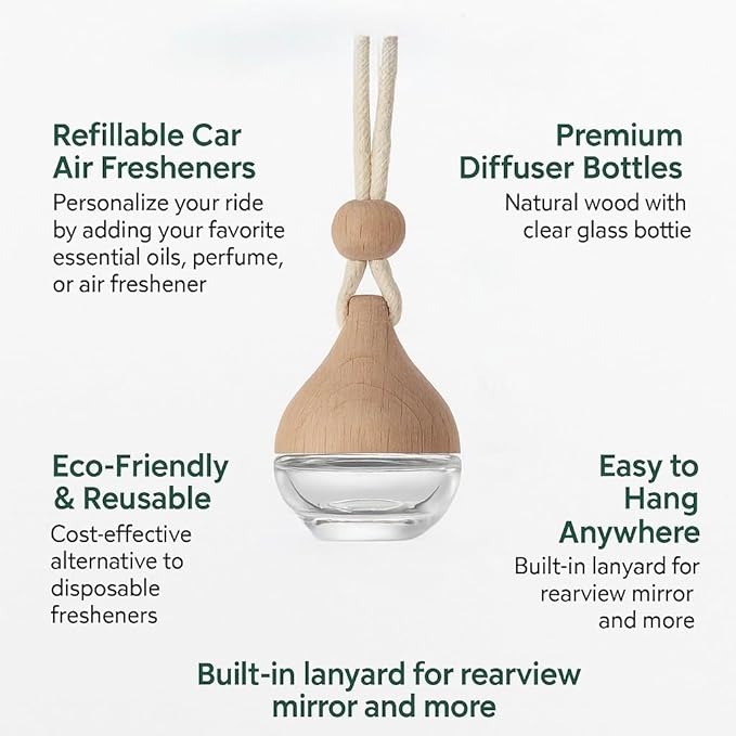 3 Pcs Hanging Car Air Freshener Diffuser Bottles – 6ml Refillable Essential Oil Aromatherapy Perfume Pendant, Clear Empty Glass with Wooden Cap & String for Vehicle Decoration