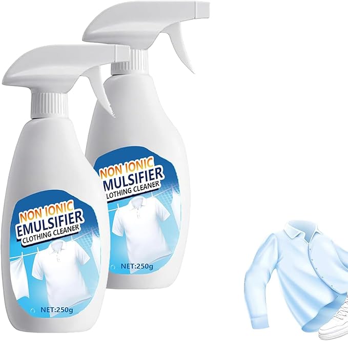 Non Ionic Emulsifier Clothing Cleaner, 10.56oz Laundry Stain Remover Spray, Clothes Oil Laundry Cleaning Remover, Strong Decontamination for Grease/Oil/Food Stains on Clothes & Shoes (2Pcs)