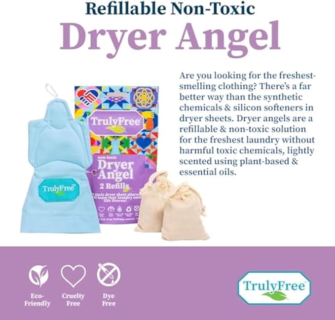 Truly Free Dryer Angel - Natural Dryer Sheet Alt, Non-Toxic Reusable Fabric Softener Booster Sheets, Safe for Babies and Sensitive Skin, Laundry Room Essentials - Germanium Scent - 2 Packs + 2 Refills