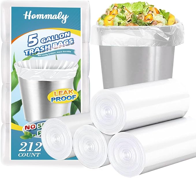 Hommaly 5 Gallon 212pcs Small Clear Trash Bags Strong Clear Garbage Bags, Bathroom Trash Can Bin Liners, Plastic Bags for Office, Waste Basket Liner, 4,4.5,5Gal(5G212-Clear)