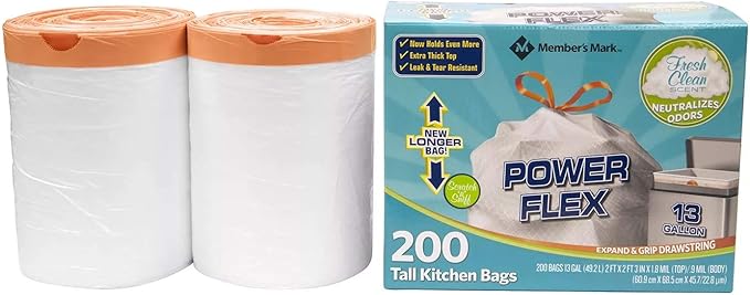 Members Mark 13 Gal Power Flex, Leak Protection, Tall Kitchen Simple Fit Drawstring Bags (1 Pack, Fresh Clean Scent), 1count