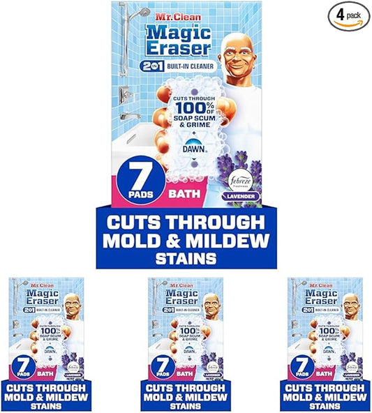 Mr. Clean Magic Eraser Sponge, Bathroom Cleaner, Shower Cleaner, Tub Cleaner, Soap Scum Remover, Bathroom Cleaning Supplies, Dawn Cleaning Power with Febreze Lavender Scent, 2 in 1 Bath, 7ct
