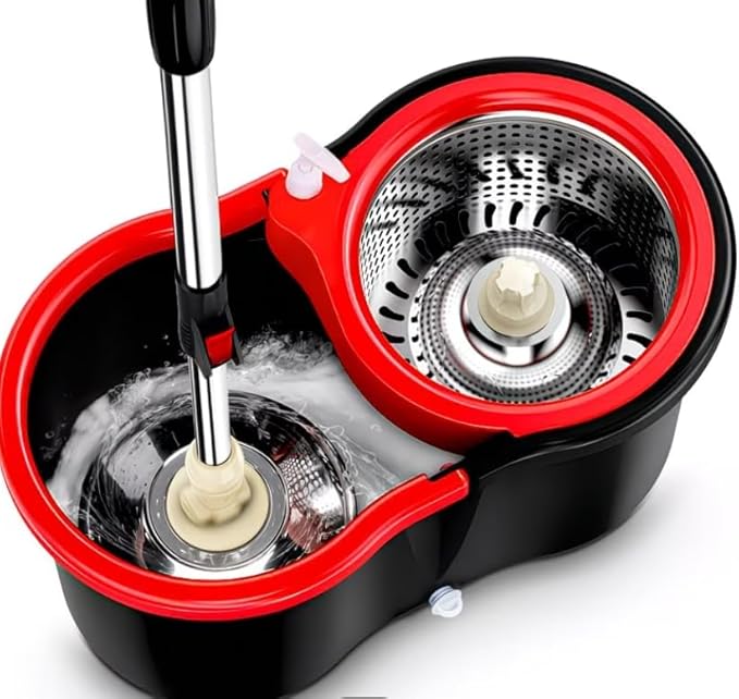 360° Spin Mop and Bucket with Wringer Set, Stainless Steel Extended Handle, 4 Microfiber Mop Refills, Red and Black, Floor Cleaning System