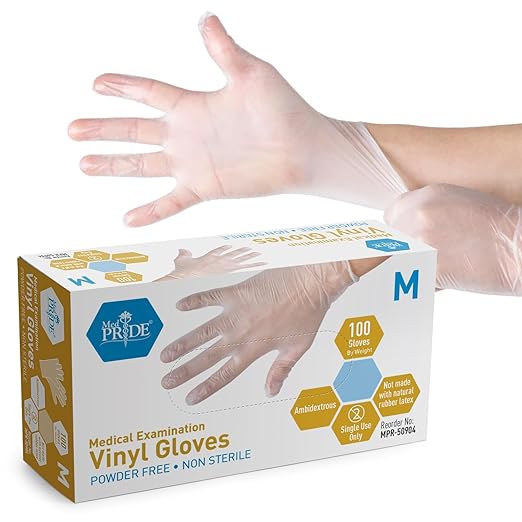 MED PRIDE Disposable Medical Grade Vinyl Exam Gloves, Latex & Powder Free, Ultra-Strong, for Healthcare & Food Handling (Medium (Pack of 100) 100 Clear)