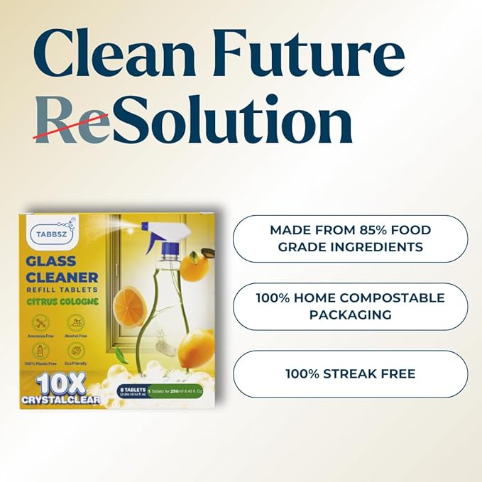 Glass Cleaner Refill Tablets | Plant-Based Streak-Free Window & Mirror Cleaner | Non-Toxic & Eco-Friendly Cleaning Solution | Plastic-Free Packaging | Citrus Cologne - Pack of 1