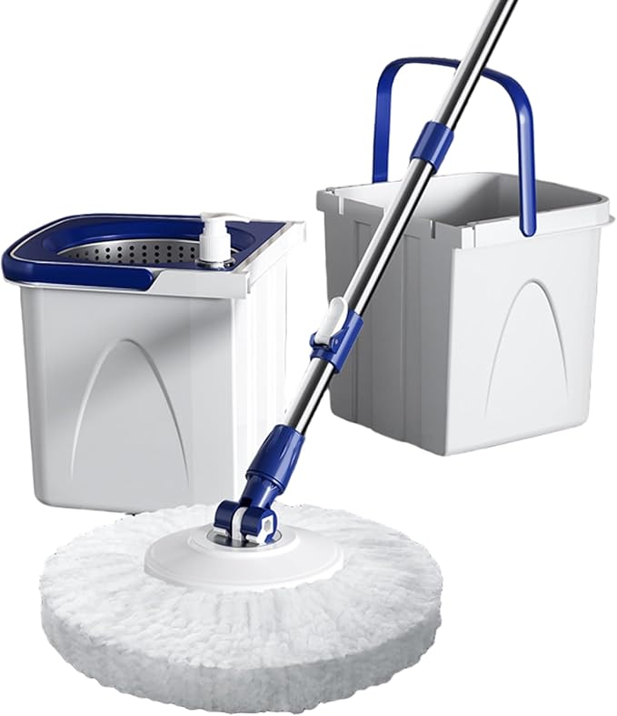 Spin Mop and Bucket Set 43-51" Telescopic Microfiber 15" Round Mop with Wringer, 2 Pads & Detachable 2 Compartment Bucket with Draining Hole for Home ...