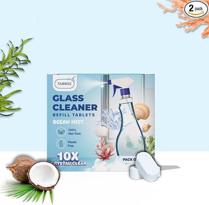Glass Cleaner Refill Tablets | Plant-Based Streak-Free Window & Mirror Cleaner | Non-Toxic & Eco-Friendly Cleaning Solution | Plastic-Free Packaging | Ocean Mist - Pack of 2