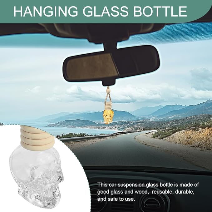 7PCS Car Hanging Diffuser, Car Air Freshener Diffuser Bottle, 8ML Empty Clear Glass Skull Style Empty Bottle, Universal Car Perfume Aromatherapy Essential Oil Pendant Bottle for Women Men