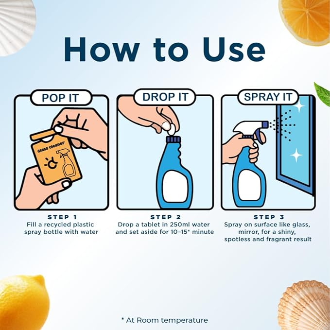Glass Cleaner Refill Tablets | Plant-Based Streak-Free Window & Mirror Cleaner | Non-Toxic & Eco-Friendly Cleaning Solution | Plastic-Free Packaging | Citrus Cologne - Pack of 1