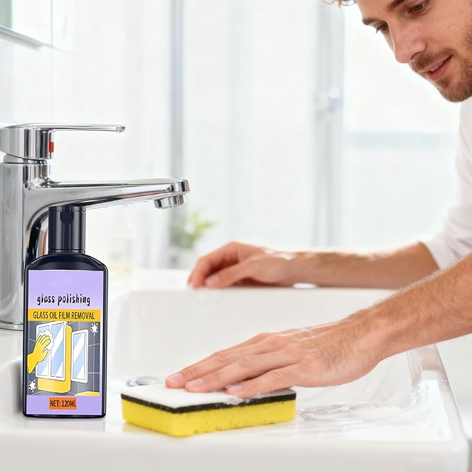 Shower Glass Cleaner - 120ml Window Oil Film, Cleaner with Sponge, Household ing, Toilet Tub Washbasin, Bathroom Kitchen Shower, Tile Mirror Cleaning, Home Window Care