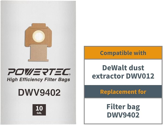 POWERTEC DWV9402 Fleece Bags for Dewalt 70PK, for Dewalt DWV010, DWV012, DWV015 8 & 10 Gallon Dust Extractor, Replacement Shop Vacuum Bags, Filter Bags for Dewalt (75029-Case14), Case of 70