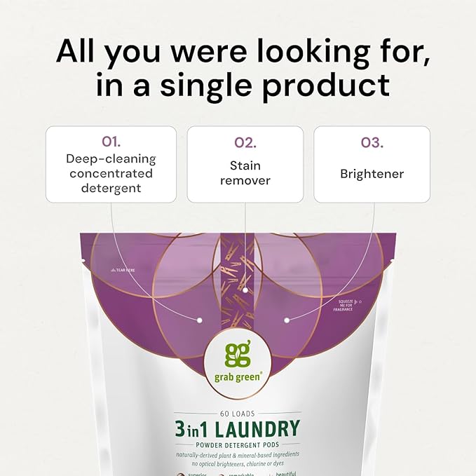 Grab Green 3-in-1 Laundry Detergent Pods, Lavender Vanilla Scent, Plant and Mineral Based, Superior Cleaning Power, Stain Remover, Brightens Clothes, White, 132 Count