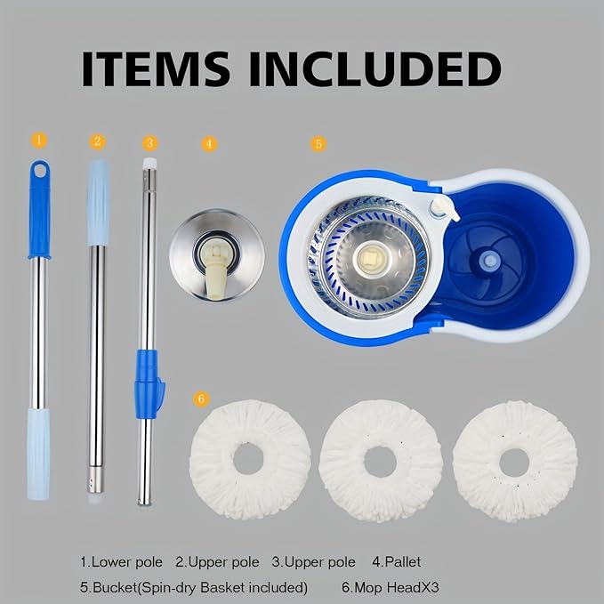 360° Spin Mop and Bucket System with Wringer - 61" Stainless Steel Handle & 3 Microfiber Refills, Self-Cleaning Floor Mop for Tile, Hardwood, Laminate Floors (Blue and White)