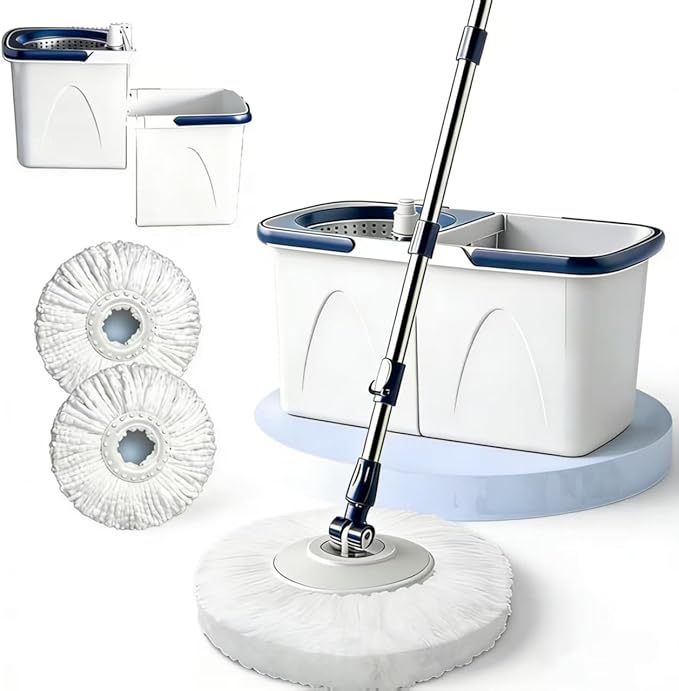 Spin Mop Bucket with Wringer, Mop with Bucket Set Includes 3 Replacement Pads, Durable Mop Bucket for Home Floor Cleaning
