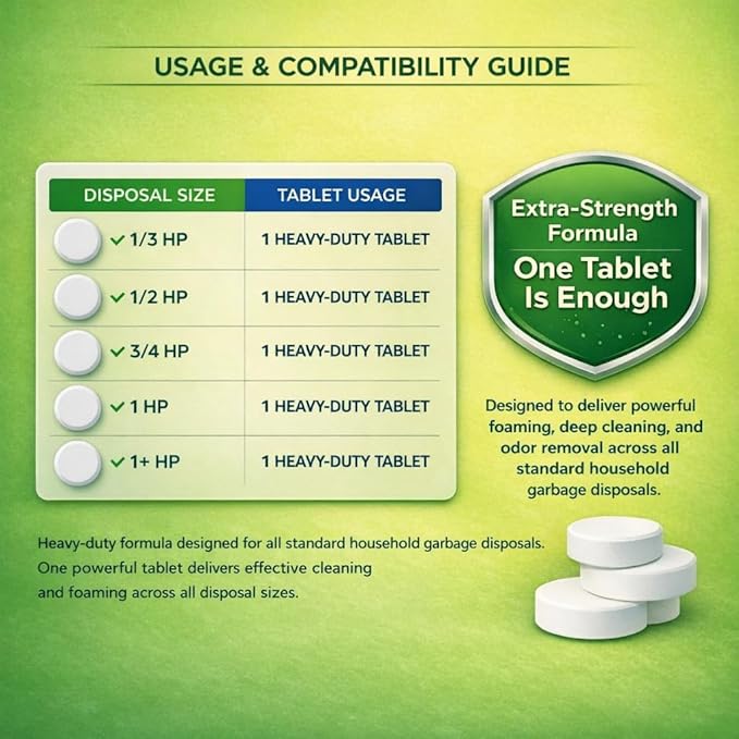 Garbage Disposal Cleaner Deodorizer Tablets – Heavy Duty XL Foaming Tablet for Kitchen Sink Drains and Disposals – Natural Sink and Disposal Cleaning Tablet – 12 XL Tablets, One Year Supply