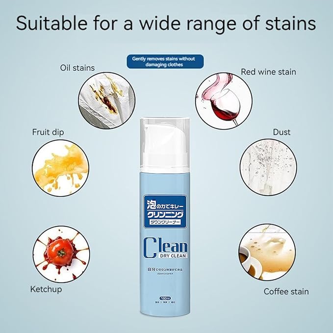 Dry Cleaning Spray, Fabric Cleaner Foam for Clothes and Upholstery, 150ml Fabric Stain Remover for Home, Office, Carpet, Couch, Jackets, Laundry, and Interior Furniture Surfaces