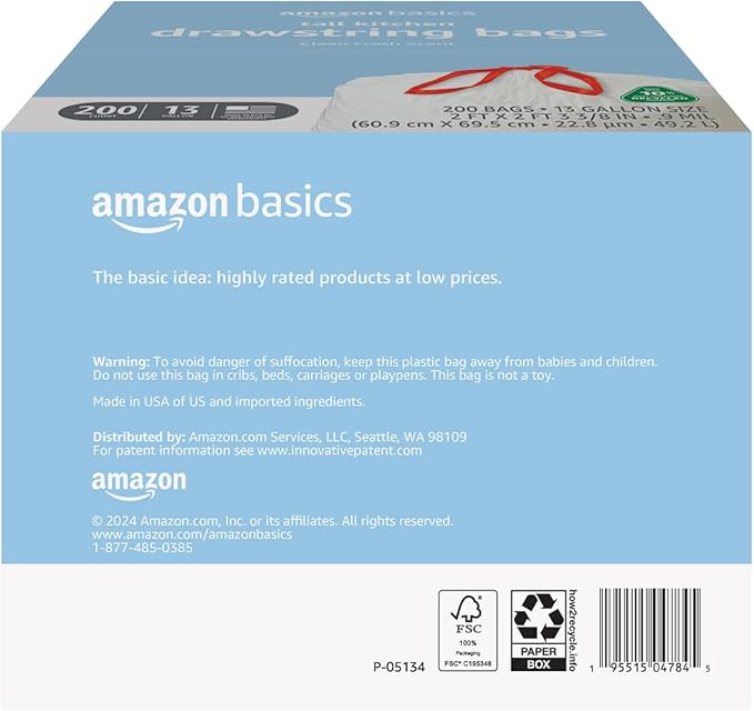 Amazon Basics 13 Gallon Tall Kitchen Drawstring Trash Bags, Clean Fresh Scent, 10% Post Consumer Recycled, 0.9 mil Thick, 200 Count