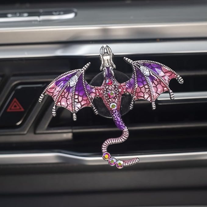 2 Pcs Bling Dragon Car Air Freshener Vent Clips, Crystal Rhinestone and Enamel Dragon Air Vent Clips Car Diffuser Cute Car Interior Decoration Accessories for Women Gift (Green Purple)