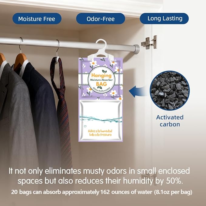 Hanging High-Purity Moisture Absorber, 20 pack with Activated Carbon, eliminates musty odors during humid summers, ideal for drawers and wardrobes,15% greater moisture absorption. (162 oz)