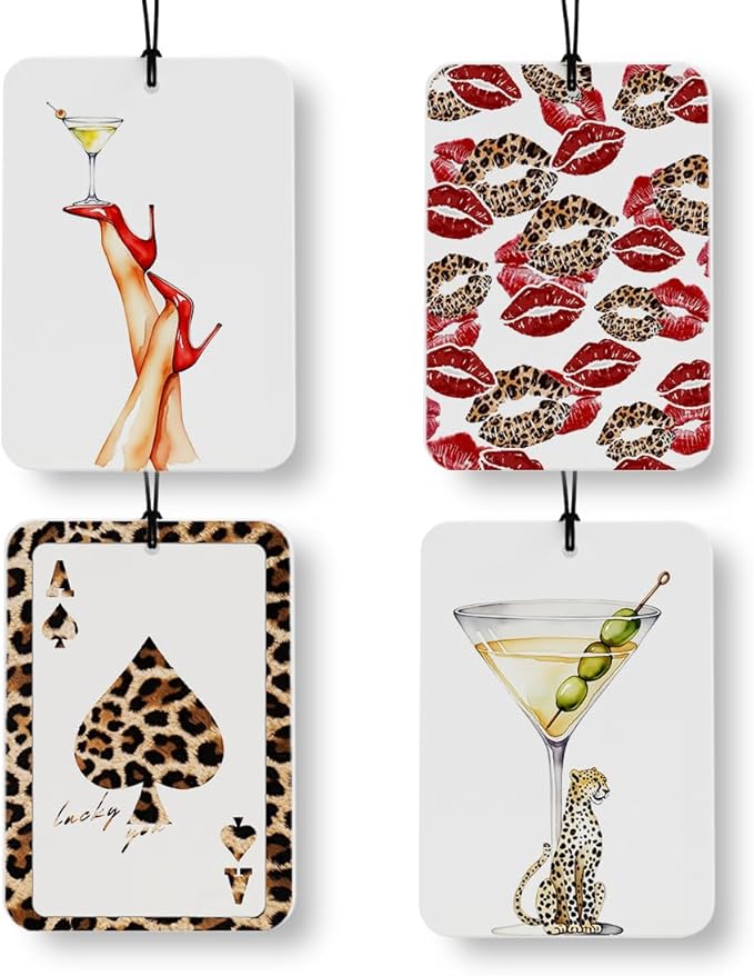 Leopard Print Car Air Freshener 4 Pcs, Funky Trendy Girly Cheetah Dirty Martini Ace Card Lips Decor for Cars Closet Drawer Books Accessories Gifts