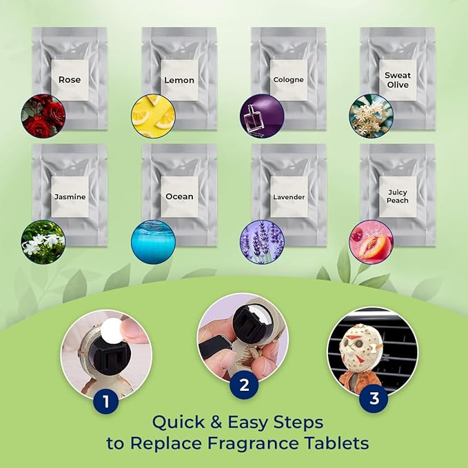 16 Pack Fragrance tablets for Car Air Freshener Refills with 8 Sample Scents, Air Vent Clip Freshener Replacement Pads, Solid Scent Refill Tablets (1 pc per pack, 2 Tablets per Scent)