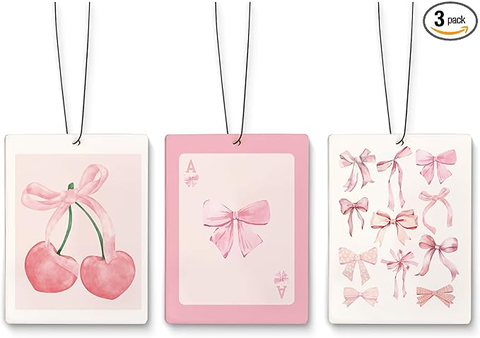 Cute Coquette Pink Bow Air Freshener for Car,Cherry Decor,Ace Card Air Freshener Hanging 3 Pcs for Cars Closet Drawer Books Bathroom,Gifts for Car Lovers