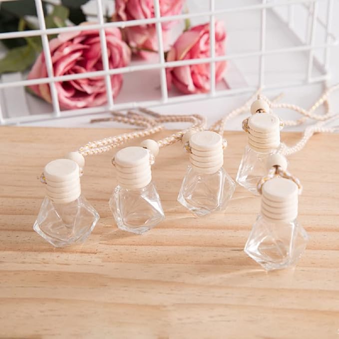 5Pcs 8ml Hanging Car Air Freshener Perfume Bottle, Refillable Aromatherapy Fragrance Clear Empty Essential Oil Diffuser Perfume Pendant Auto Ornaments Decor Accessories with Wooden Caps