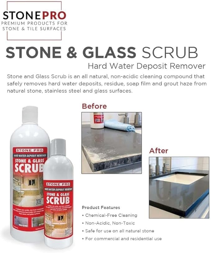 Hard Water Deposit Remover KIT - Scrub Deep Cleans Granite Countertops, Travertine Showers, Glass Shower Doors (1 Pint Stone Pro Stone & Glass -16 Fl Oz, 5" white pad, & Cleaning Cloth)