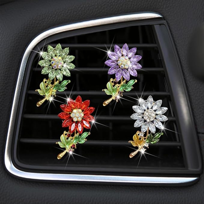Bling Sunflower Air Vent Clips, Sunflower Car Air Fresheners Vent Clips Car Diffuser Diamond Car Decoration Rhinestone Car Interior Decor (Green)
