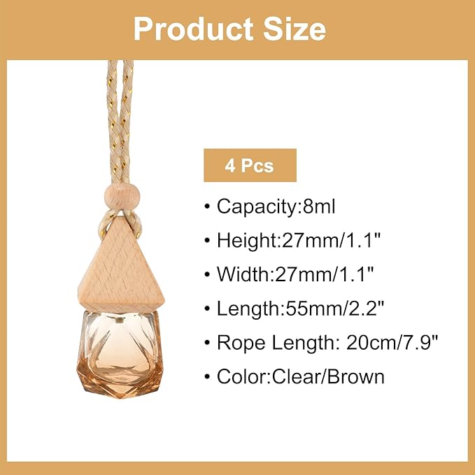 uxcell 4pcs Hanging Car Air Freshener Perfume Bottle, 8ml Pendant Empty Clear/Brown Glass Essential Oil Aromatherapy Diffuser with Wooden Cap for Car Decor (Clear/Brown, Rhombus)