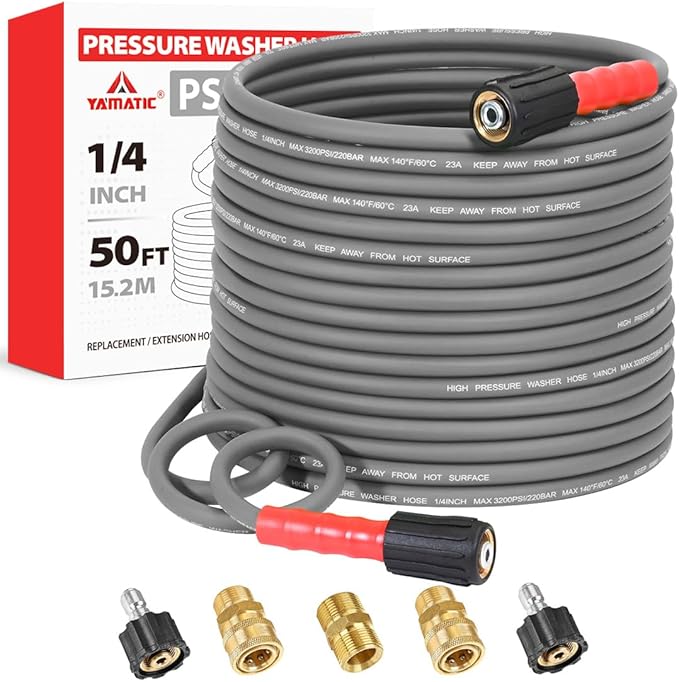 YAMATIC Upgraded Flexible Pressure Washer Hose 50FT 1/4", 3200 PSI Non-Kink Replacement with M22-14mm & 3/8" Quick Connect Adapters, Extension for Gas Power Washer Troy-Bilt Ryobi Honda Craftsman