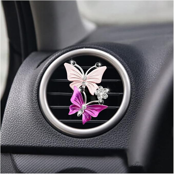 1PC Car Air Fresheners Vent Clips, Cute Dual Butterfly Diamond Rhinestone Car Vent Clip, Air Outlet Perfume Diffuser, Sparkly Bling Car Interior Decoration Accessories for Girls Women (Pink)