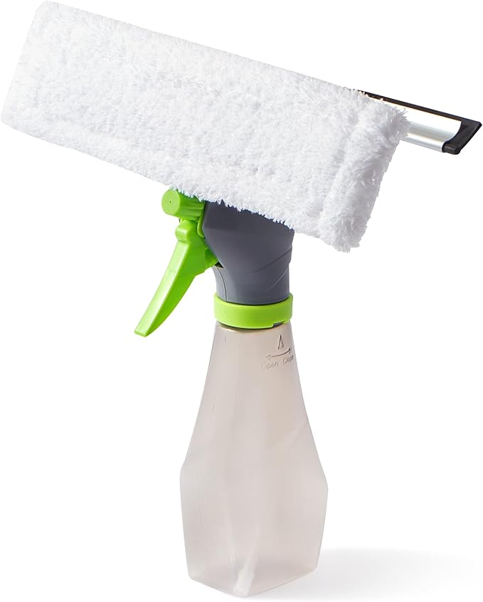True & Tidy Window and Glass Cleaner Refillable Spray Bottle with Built-in Squeegee and Machine-Washable Microfiber Scrubber, Use Any Cleaning Solution, 10 inches