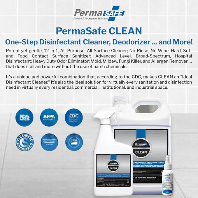 PermaSafe CLEAN 1-Step Disinfectant, Deodorizer & All-Purpose Cleaner; Soft, Hard & Food Surface Sanitizer; Kills 99.9% of Bacteria, Viruses, Molds - Child, Pet, Planet & All Surface Safe (1 gal)