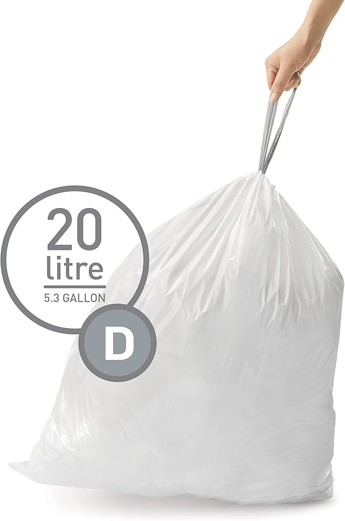 simplehuman Code D,Dispenser Pack Custom Fit Liners,Drawstring Trash Bags,20 Liter / 5.3 Gallon,White,100 Count (Pack of 2)