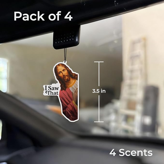 4 x Jesus I Saw That Car Air Freshener, Faith Based Gift, Christian Gift For Her Him, Funny Catholic Gift, Christmas Car Accessories, Jesus Meme Gifts, Exchange White Elephant, Pack of 4 Scents, 3.5"